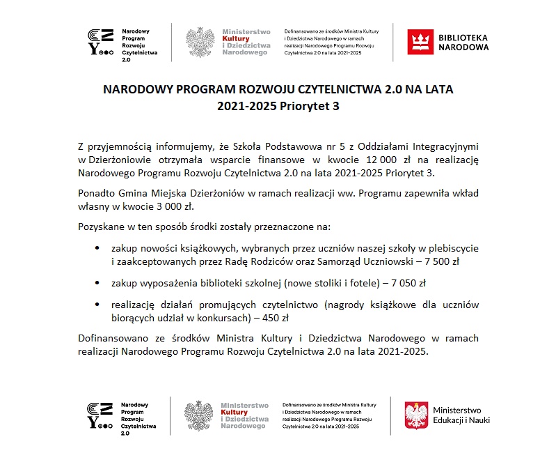informujemy że Szkoła Podstawowa nr 5 z Oddziałami Integracyjnymi w Dzierżoniowie otrzymała wsparcie finansowe w kwocie 12 000 zł na realizację Narodowego Programu Rozwoju Czytelnictwa 2.0 na lata 2021 2025.jpg